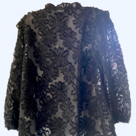Black Sheer Lace Ruffle Trim Blouse with Long Sleeve S - Picture 2 of 4